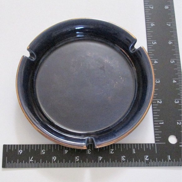 Hyalyn Ceramic Ashtray Round Cobalt Blue Gold Trim 6 Inches Cork Back - Picture 3 of 6